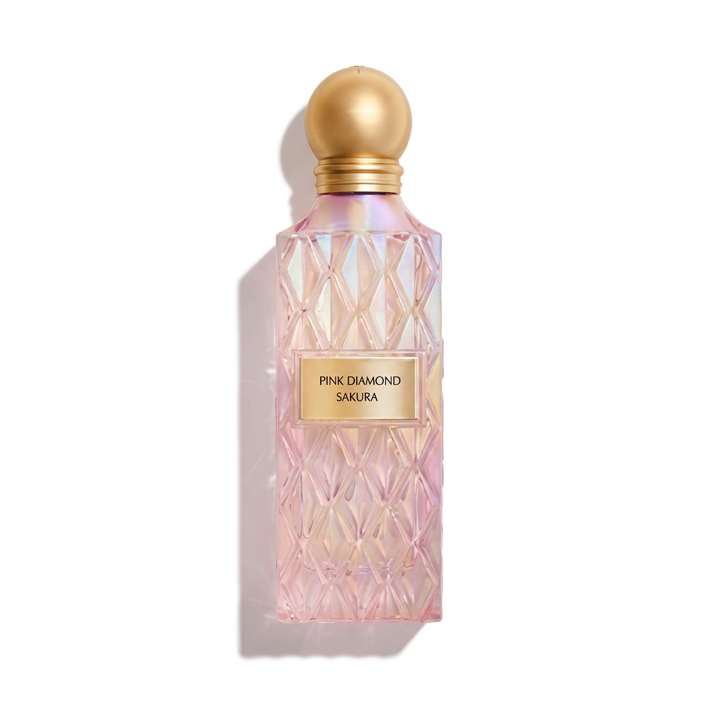Pink Diamond Sakura 150 ml pale pink faceted perfume bottle with gold label and spherical gold cap