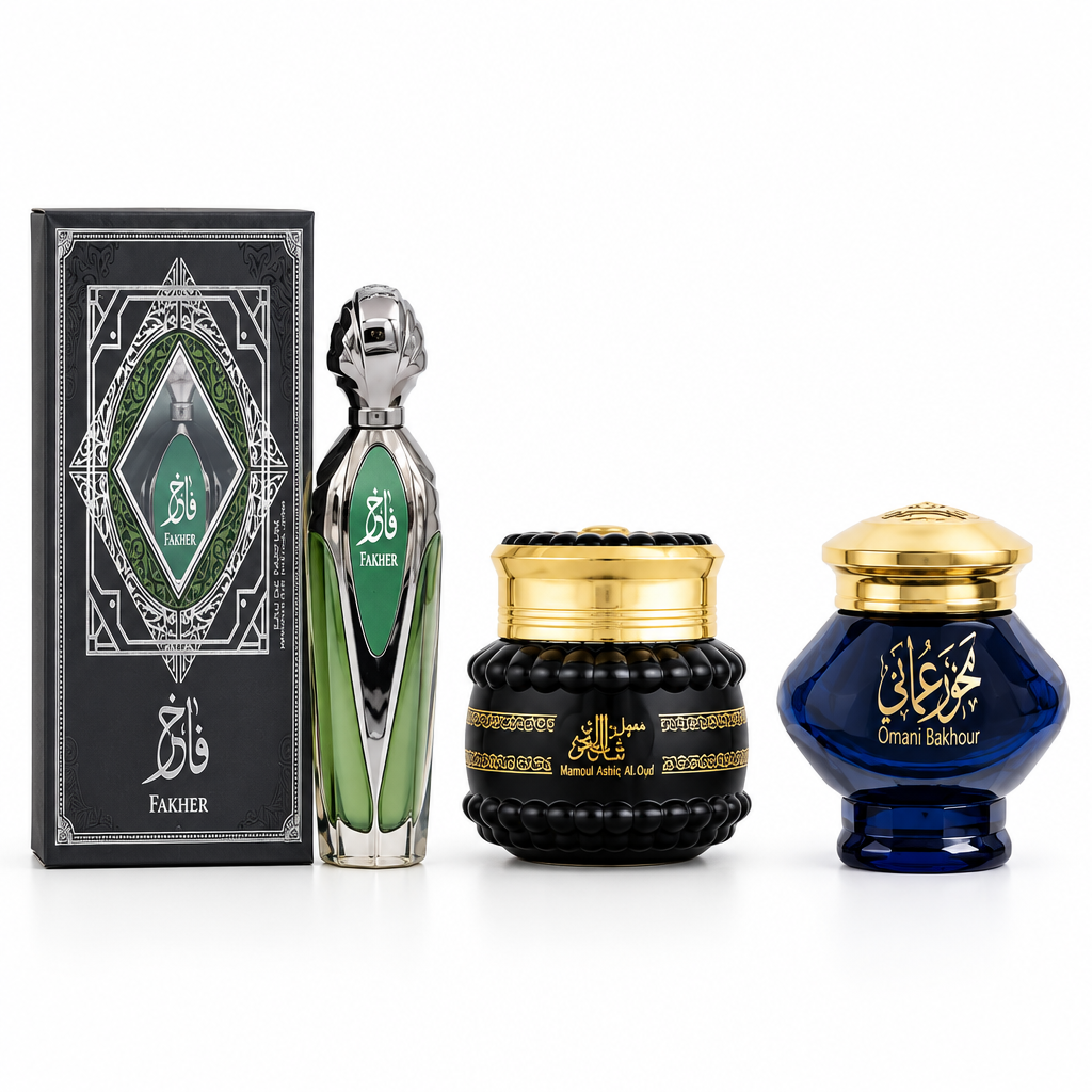 Fakher perfume with presentation box, Mamoul Ashiq Al.Oud black jar and Omani Bakhour dark blue jar