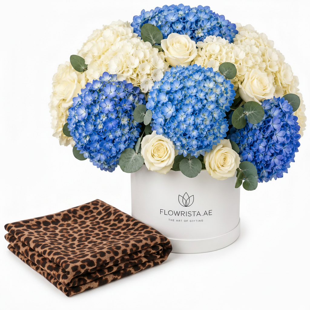 Mango chocolate leopard print foulard with Flowrista blue and white hydrangeas hat box luxury gift set