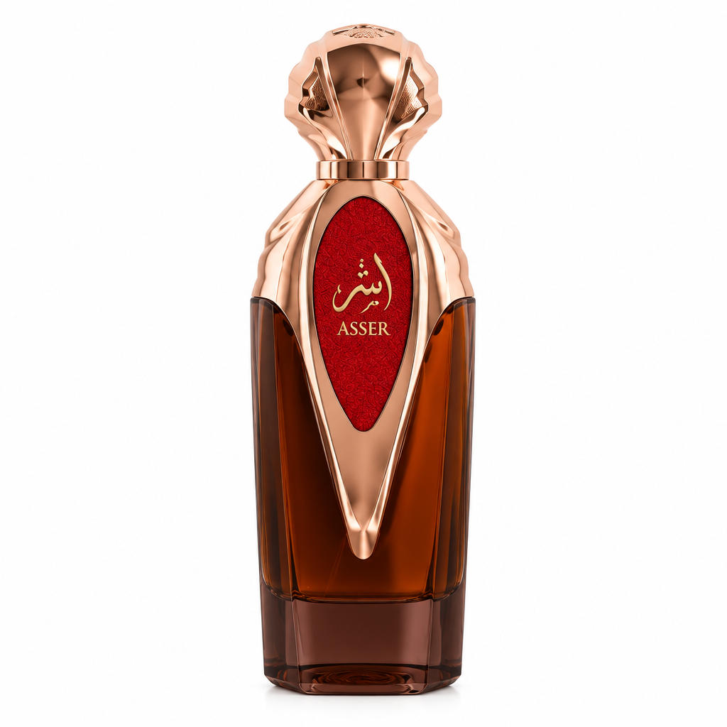 Asser perfume amber-brown bottle with rose-gold cap and red label