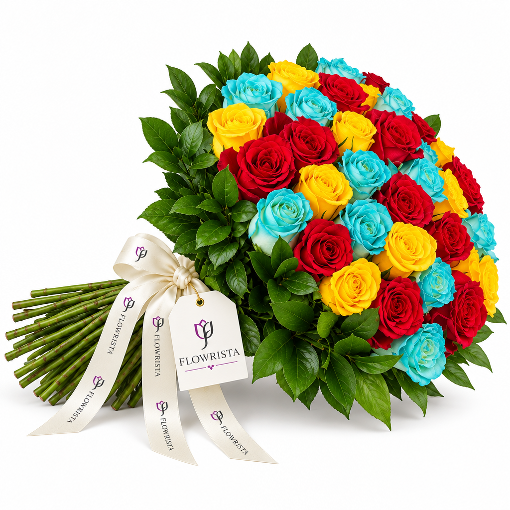 Red, yellow and turquoise-blue roses with greenery, ivory ribbon and Flowrista branded tag