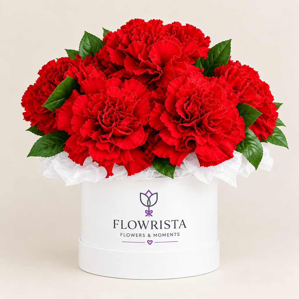 Bright red carnations and greenery in a white Flowrista flower box