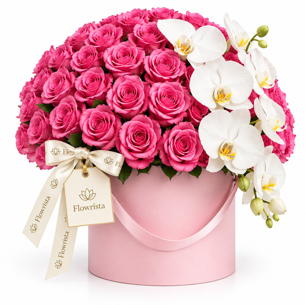 Flowrista pink roses and cascading white orchids in a pink handled flower box with an ivory ribbon