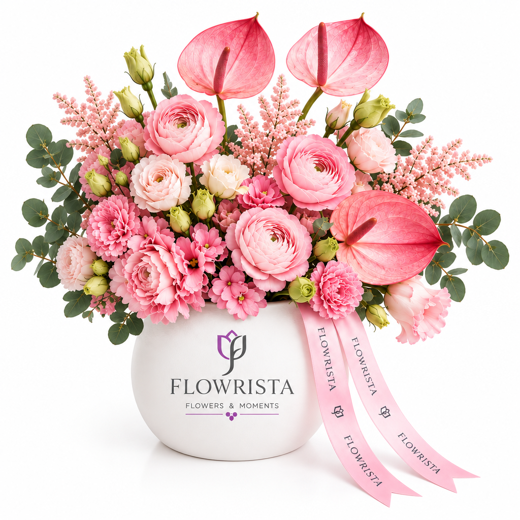 Pink mixed flowers and anthuriums in white Flowrista vase with pink ribbons