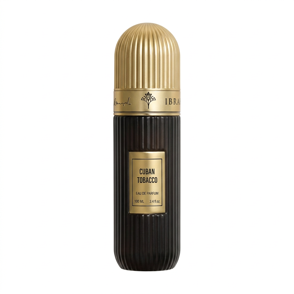 Cuban Tobacco 100 ml black ribbed perfume bottle with a gold domed cap and gold label