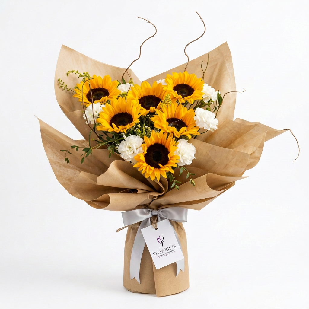Sunflower and white carnation bouquet in brown wrapping with silver satin ribbon and Flowrista tag