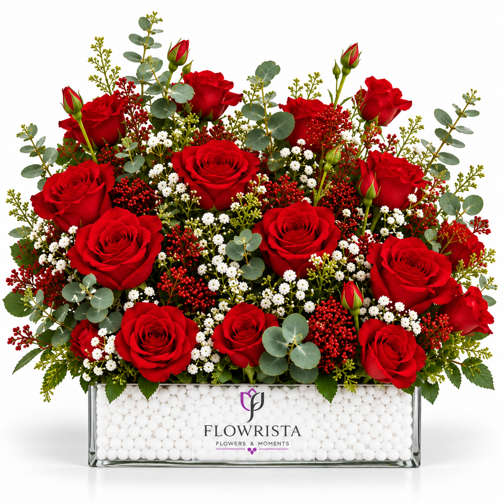Fresh red rose arrangement with eucalyptus and white filler flowers in a rectangular Flowrista box