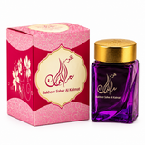 Bakhoor Saher Al Kalmat 30g purple incense jar with gold lid and matching pink box