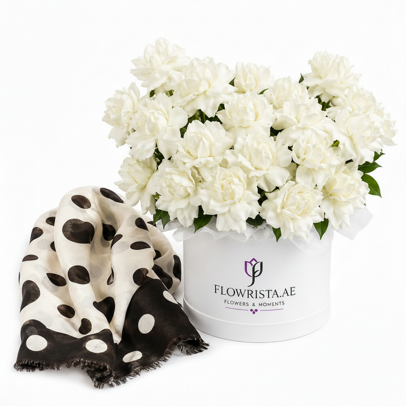 Mango ecru spots scarf with Flowrista white carnations hat box luxury gift set