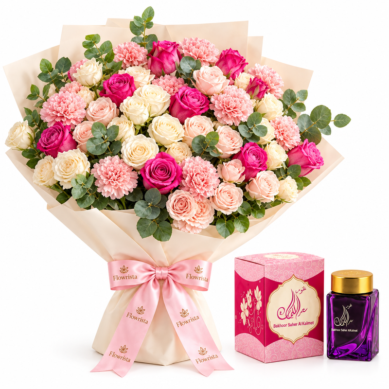 Bakhoor Saher Alkalmet beside Flowrista pink and cream roses and carnations in cream wrapping
