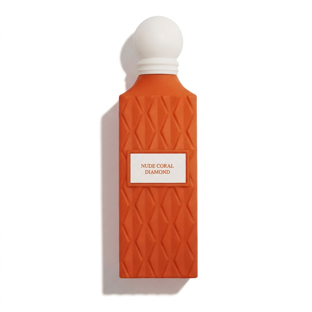 Nude Coral Diamond 150 ml coral orange geometric perfume bottle with white rounded cap
