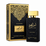 Amir Al Oud Black Intense 100ml black perfume bottle with gold cap and matching box