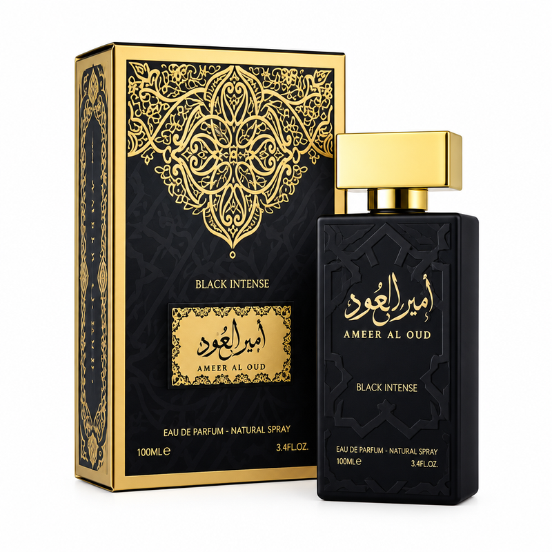 Amir Al Oud Black Intense 100ml black perfume bottle with gold cap and matching box