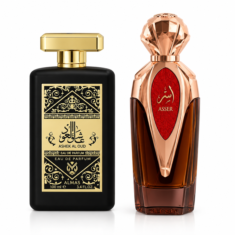 Ashek Al Oud 100ml black and gold perfume bottle beside Asser rose gold perfume bottle