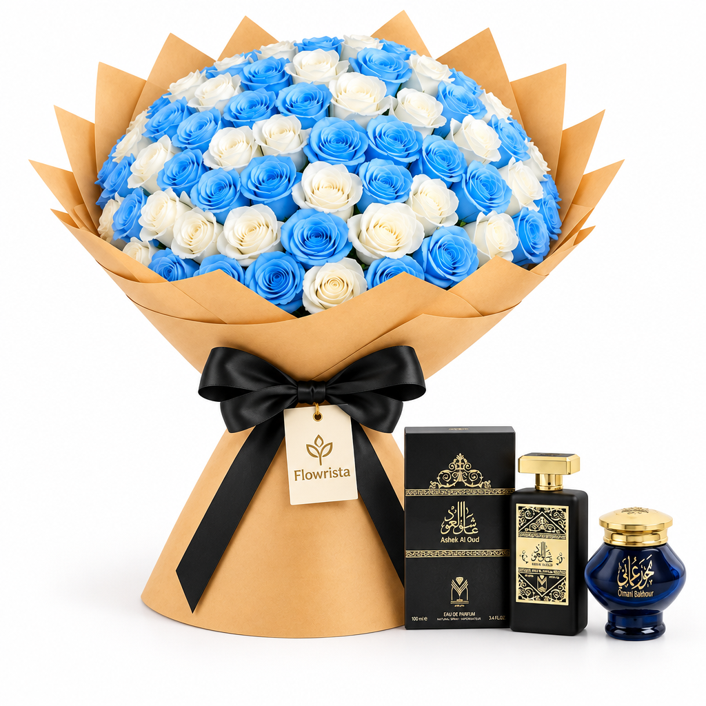 Ashek Al Oud perfume and Omani Bakhour beside a Flowrista blue and white rose bouquet