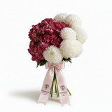 Flowrista burgundy hydrangea and white pompom chrysanthemum bouquet with pink satin ribbon