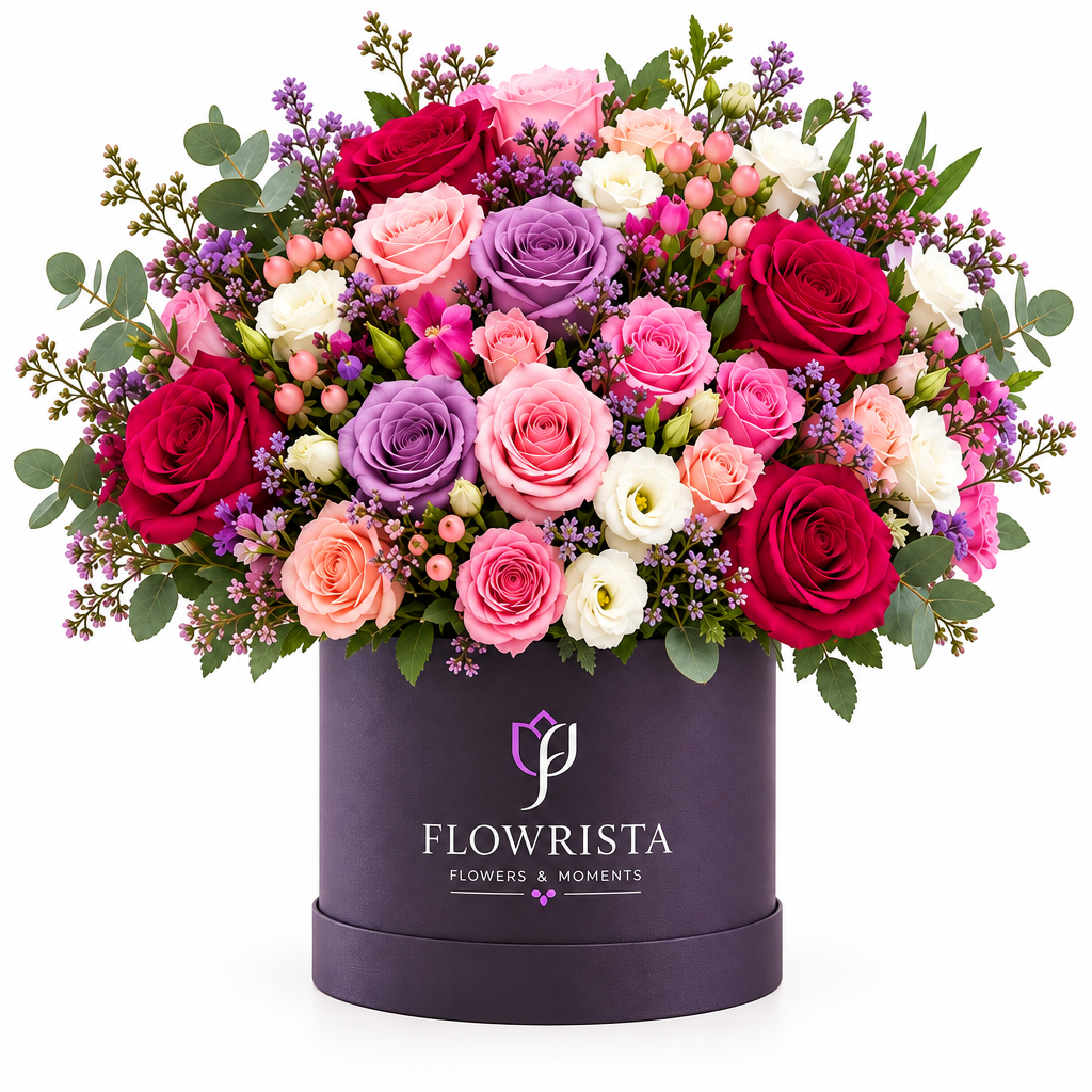 Red, pink, lavender and white roses in a purple Flowrista box