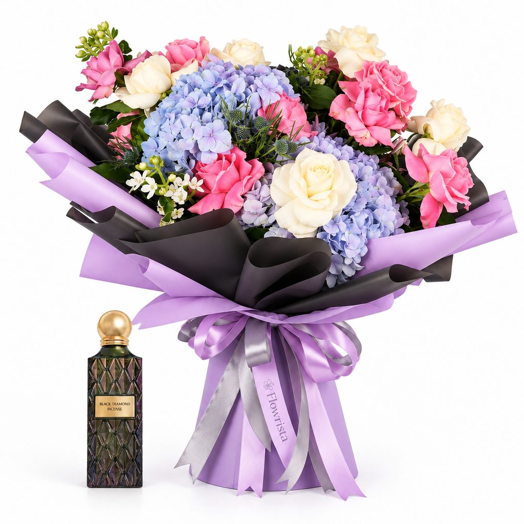 Black Diamond Incense 150 ml perfume with Flowrista pink and cream roses and blue hydrangea bouquet