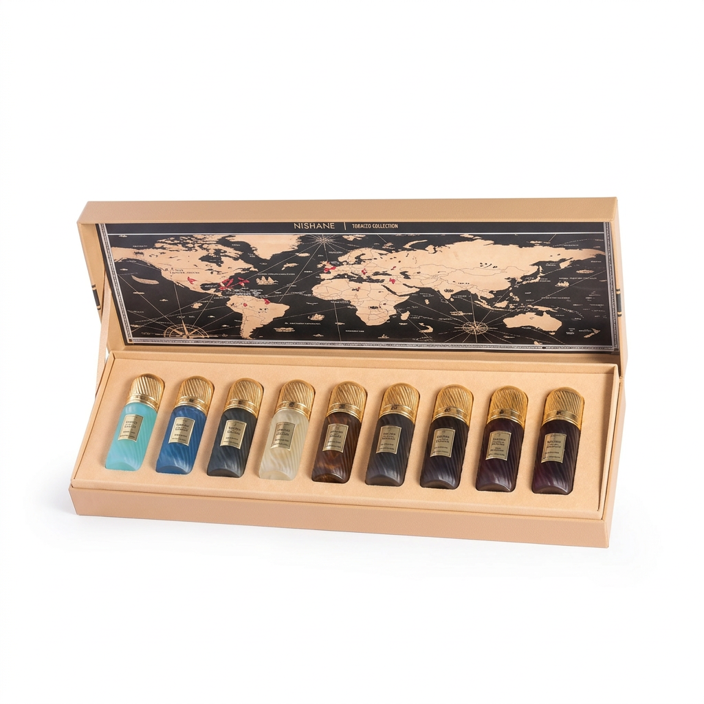 Tobacco Collection perfume bottles in an open tan presentation case with a world-map design inside the lid