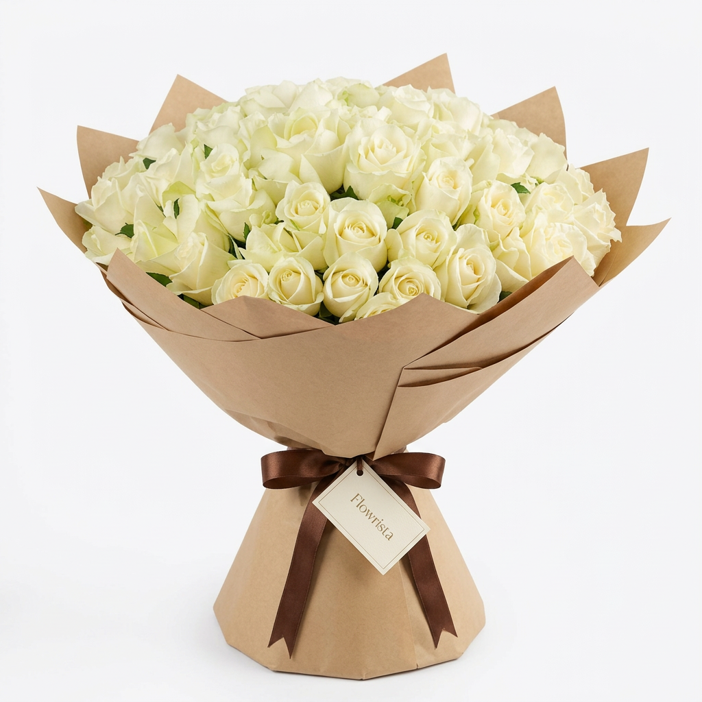 Classic 100 white roses bouquet with greenery, brown wrapping, brown ribbon and Flowrista gift tag