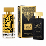 Ambra Al Oud gold-toned perfume bottle beside Black Intense black perfume bottle and presentation box