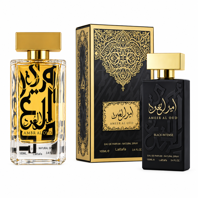 Ambra Al Oud gold-toned perfume bottle beside Black Intense black perfume bottle and presentation box