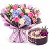 Giovanni purple luxury acrylic chocolate box beside Flowrista pink rose and lilac hydrangea bouquet