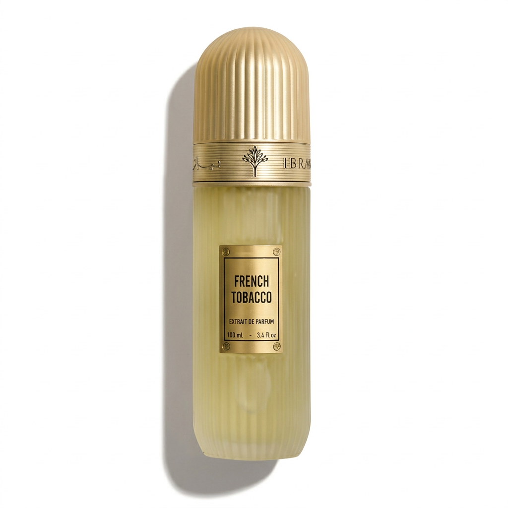 French Tobacco 100 ml pale gold perfume bottle with a ribbed gold domed cap