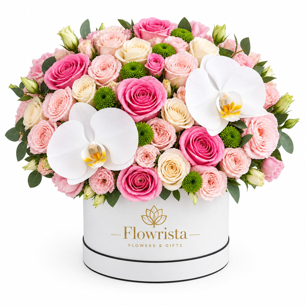 Flowrista pink and cream roses white orchids and green flowers in a white hatbox
