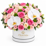 Flowrista pink and cream roses white orchids and green flowers in a white hatbox