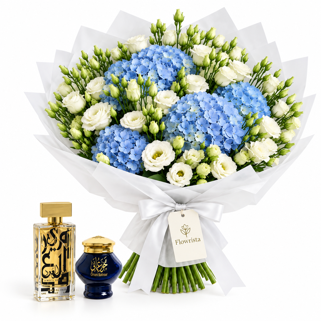 Amir Al Oud Gold perfume and Omani Bakhour with Flowrista blue hydrangea and white lisianthus bouquet
