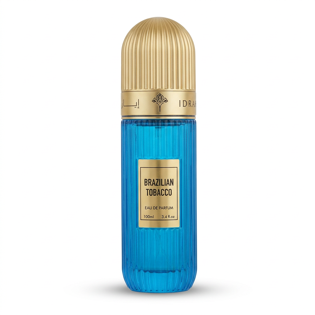 Brazilian Tobacco 100 ml blue ribbed perfume bottle with gold domed cap and gold label