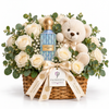 Blue Diamond Aqua perfume with white roses, eucalyptus and a cream teddy bear in a Flowrista woven basket