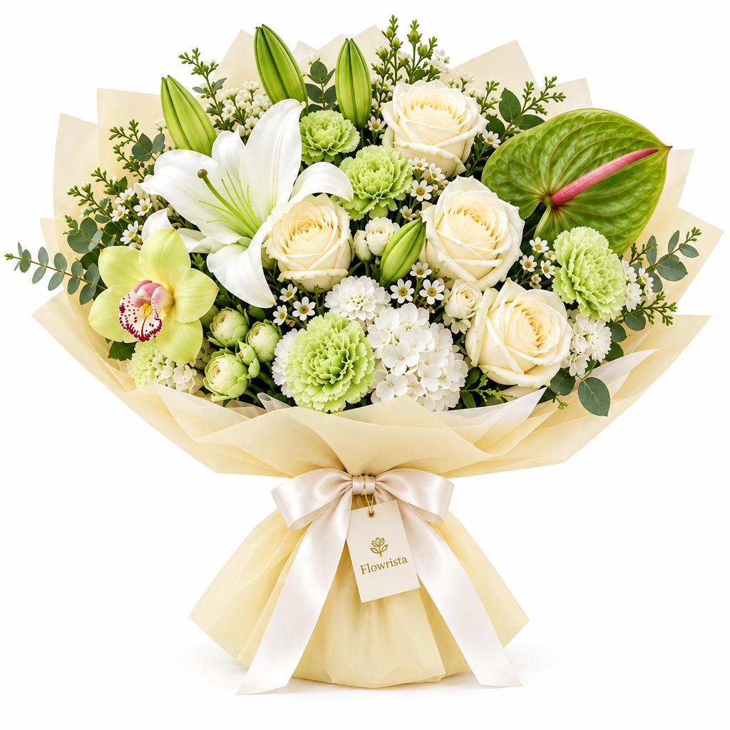 Flowrista cream-wrapped bouquet with white lily, ivory roses, green orchid and pale green carnations