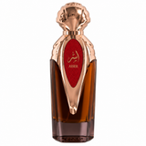 Asser amber perfume bottle with rose-gold sculpted cap and red label on a white background