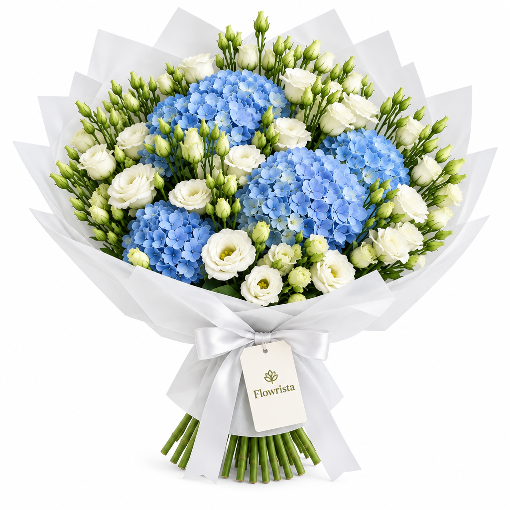 Flowrista blue hydrangeas and white lisianthus with green buds in white wrapping and a white satin ribbon
