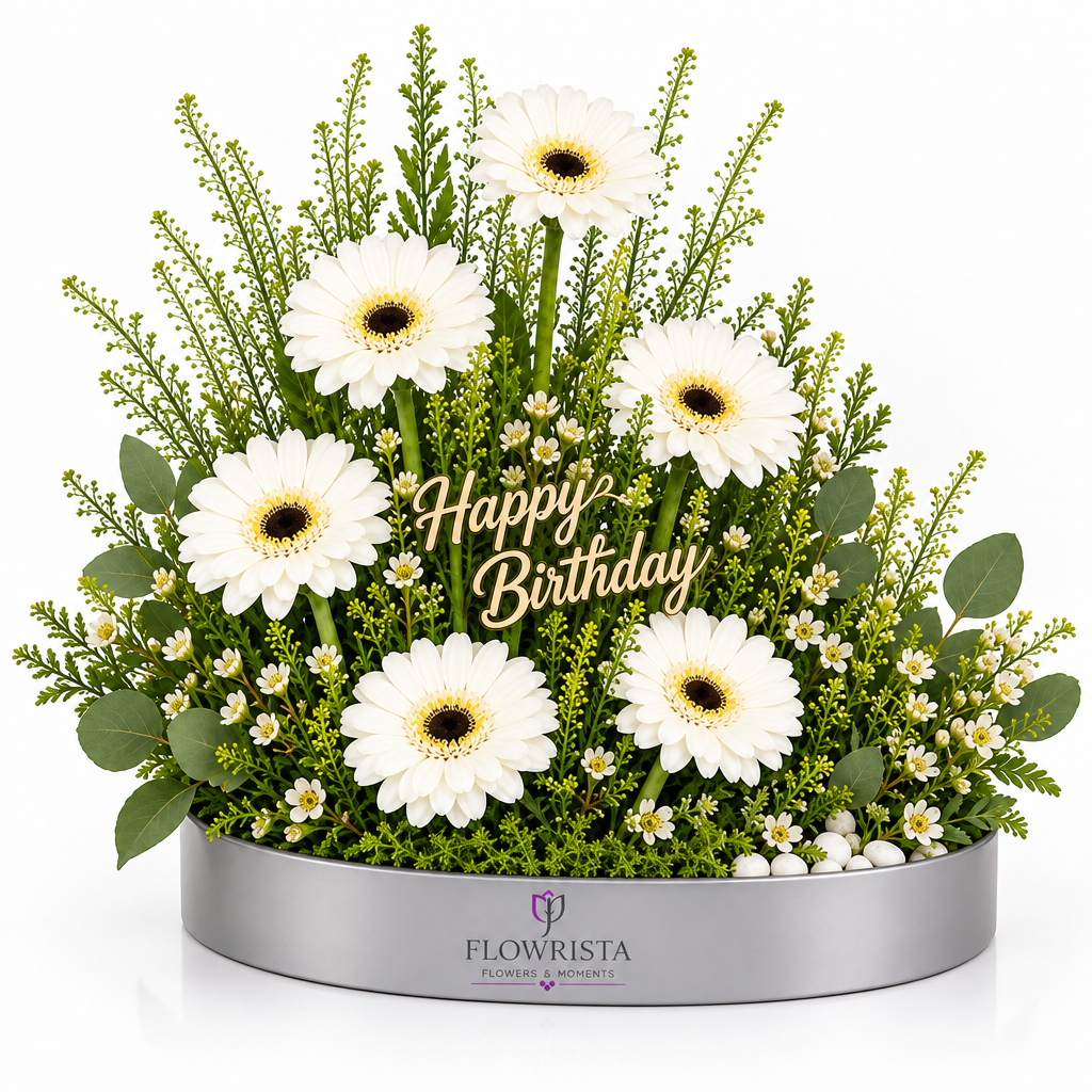 Fresh white gerberas with greenery and a gold Happy Birthday topper in a grey oval Flowrista tray