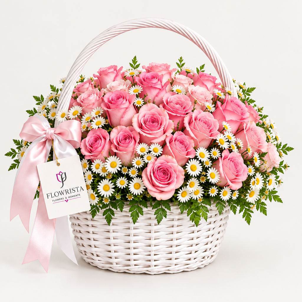 Flowrista pink rose and white daisy flower basket with greenery
