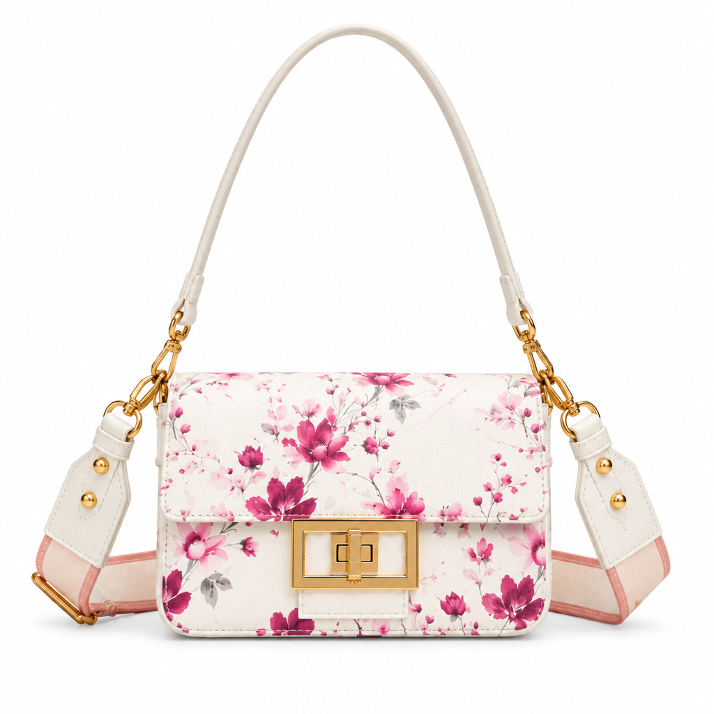 White COPPELIA floral crossbody bag with pink print and gold-tone clasp