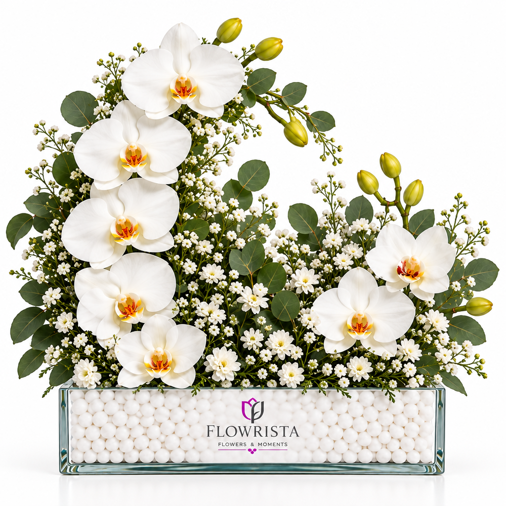 White phalaenopsis orchid arrangement with baby's breath and eucalyptus in a Flowrista glass vase