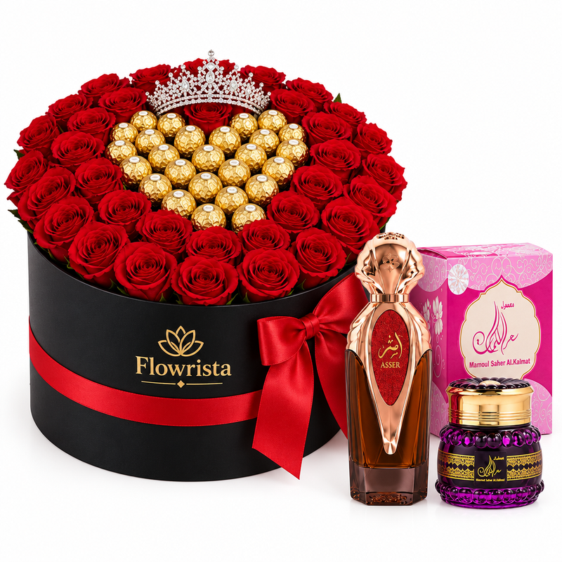 Asser perfume and Saher mamoul with Flowrista red rose chocolate and tiara hatbox
