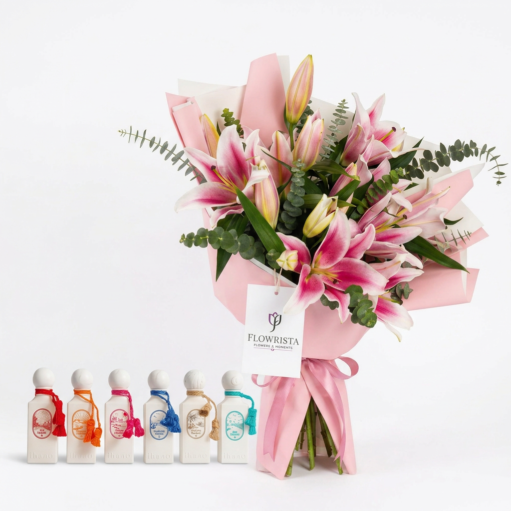Mini Summer Collection perfume set beside pink lilies and eucalyptus with pink wrapping and Flowrista tag