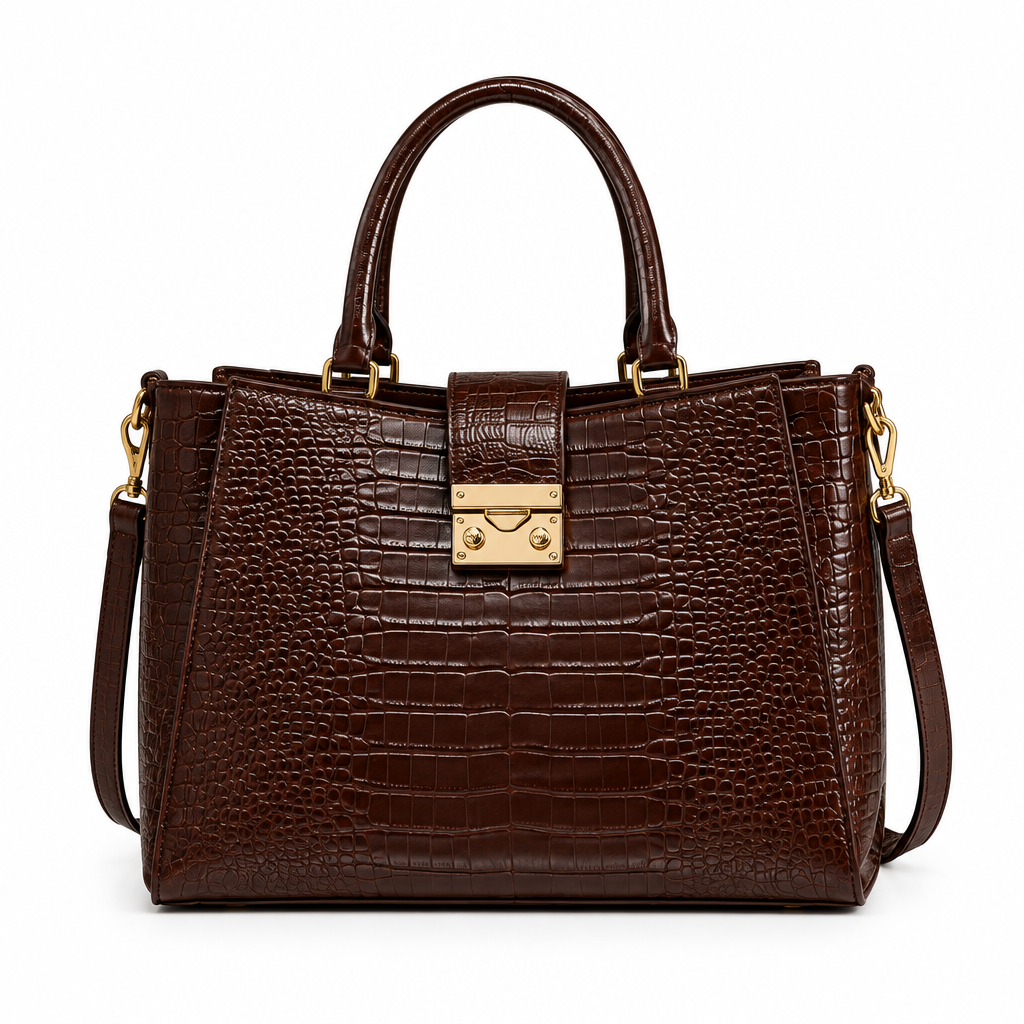CREALILY brown croc-embossed satchel with gold-tone clasp on white