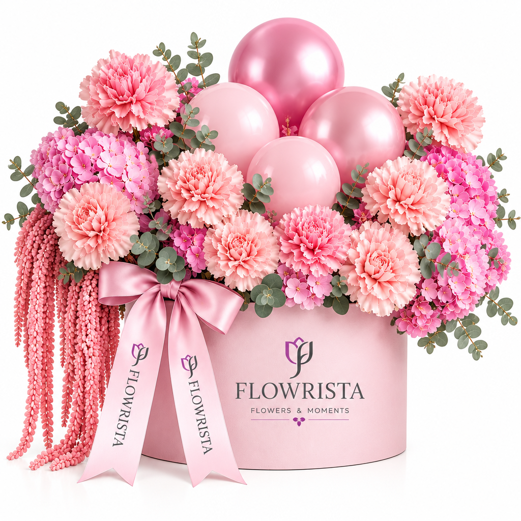 Pink carnations, hydrangea, amaranthus and balloons in a pink Flowrista box