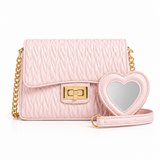 Light pink quilted crossbody bag with gold chain strap and heart mirror pouch