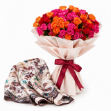 Mango ecru oriental floral satin scarf with Flowrista mixed roses bouquet luxury gift set