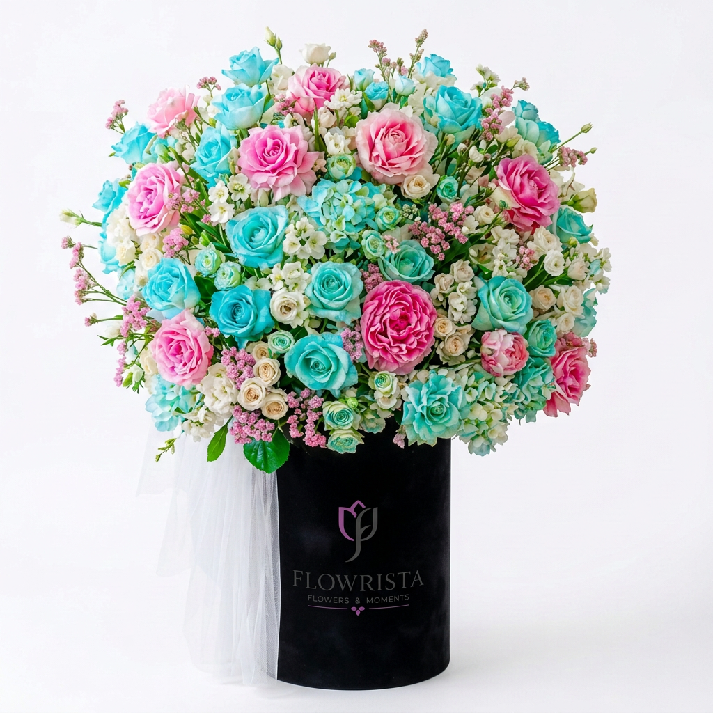 Blue and blush roses and white hydrangeas in a tall black flower box featuring the Flowrista Flowers & Moments logo