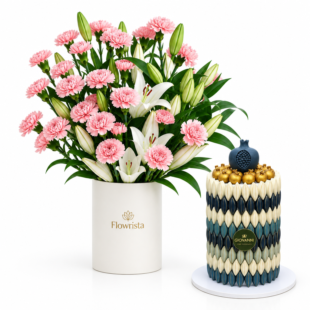 Giovanni blue and white Khufu chocolate pyramid beside Flowrista pink carnation and white lily flower box