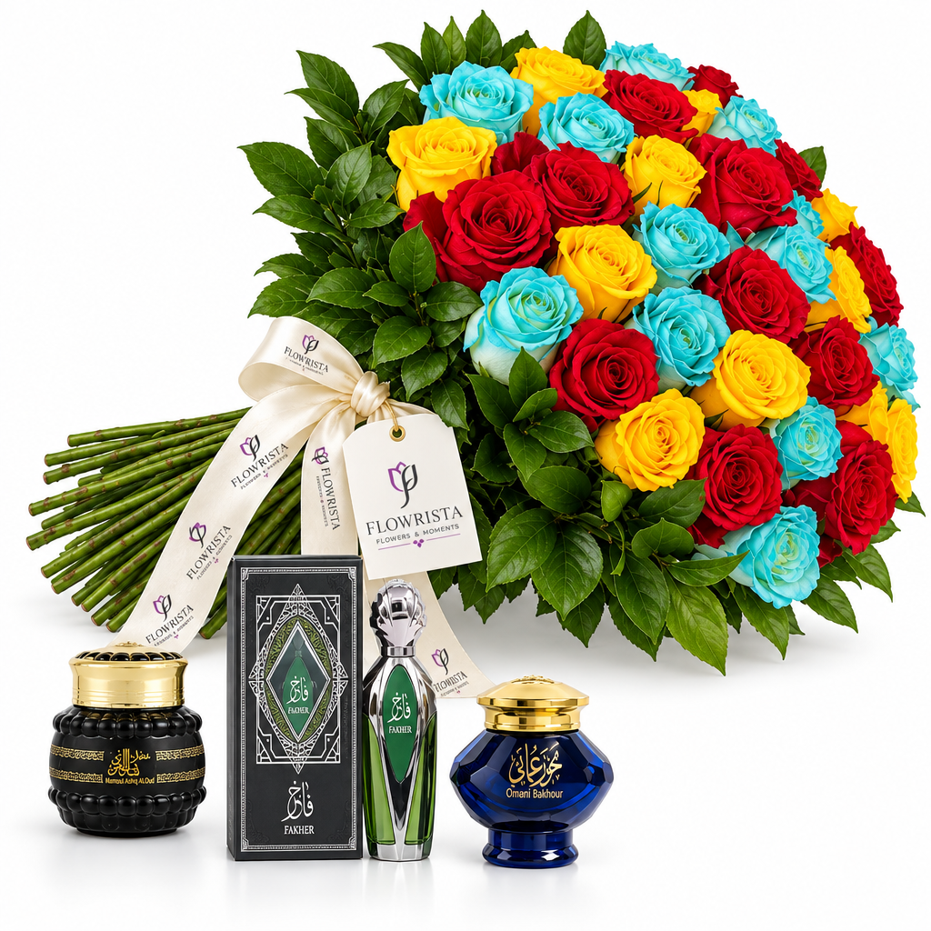 Fakher perfume, Mamoul Ashiq Al.Oud and Omani Bakhour beside a Flowrista red, yellow and blue rose bouquet