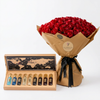 Tobacco Collection perfume gift case beside red roses in brown wrapping with black ribbons and Flowrista tag